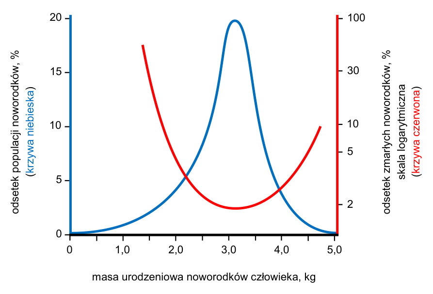 Wykres rozkładu masy urodzeniowej noworodków oraz ich umieralności w zależności od masy.